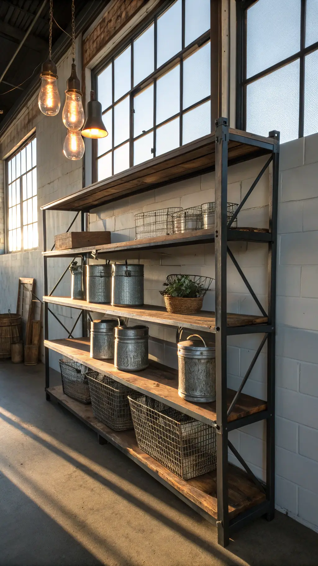 Industrial farmhouse kitchen with metal and reclaimed wood shelving, Edison bulb sconces, cast iron trivets, and enamelware, featuring a palette of weathered steel and warm wood.