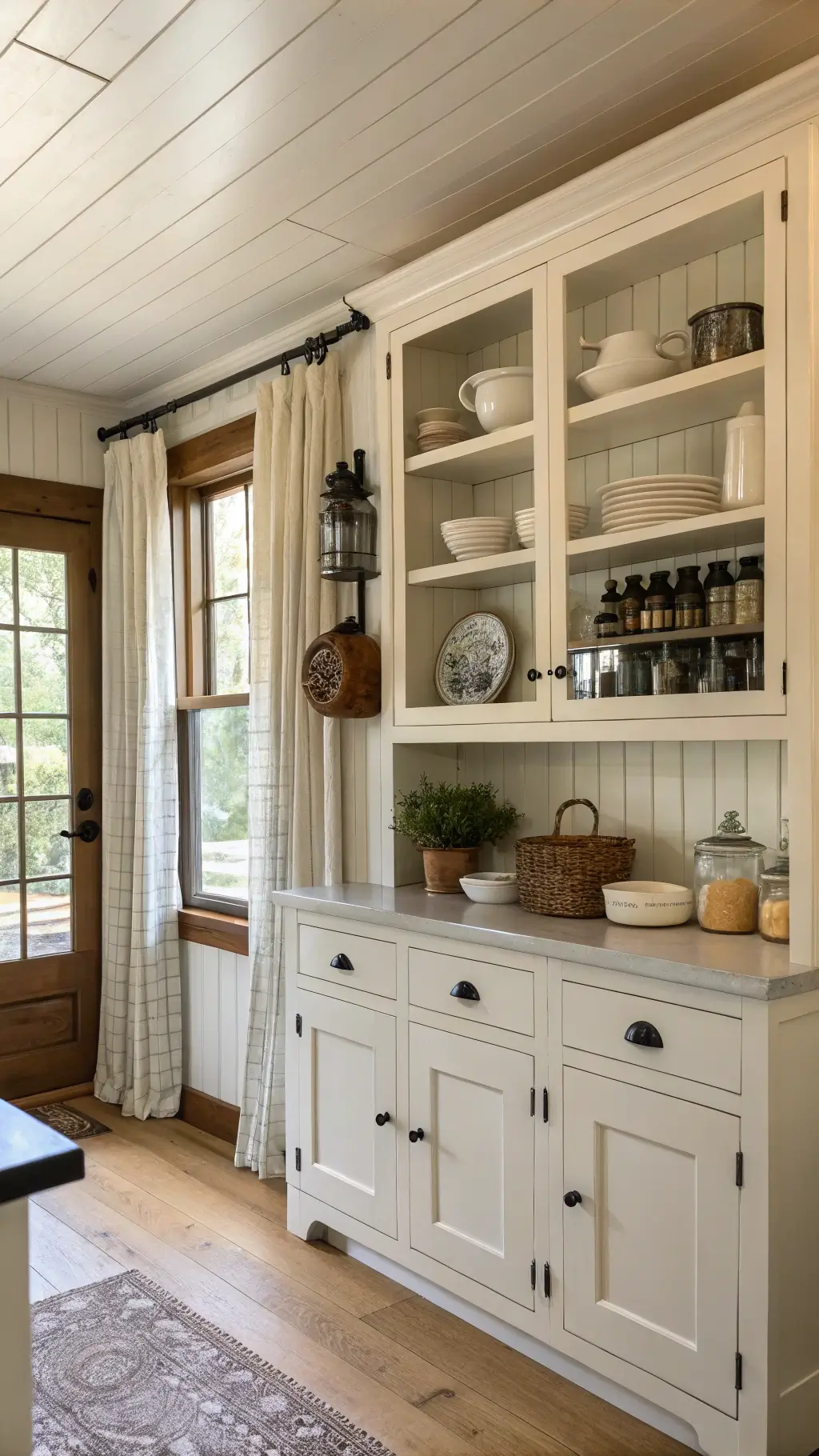Farmhouse kitchen corner featuring a built-in hutch with white ceramic and stoneware collections, cream beadboard ceiling, French country bowls on open shelves, and matte black hardware.