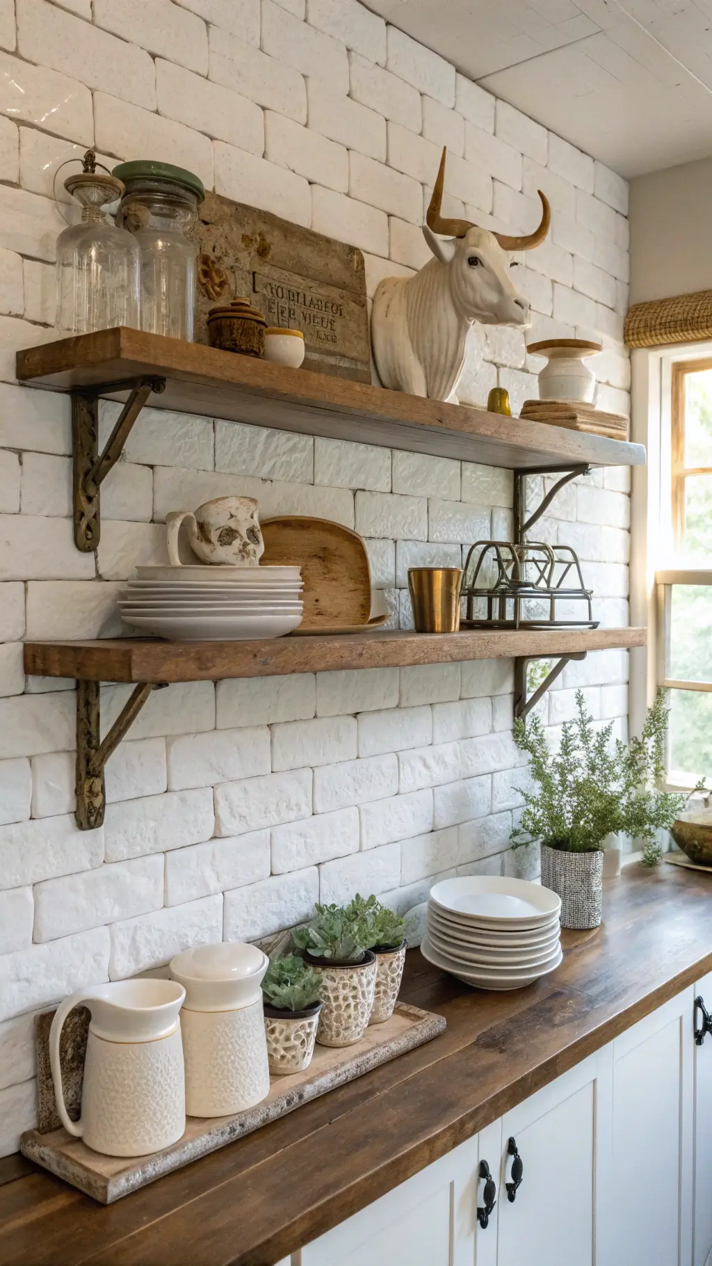 Farmhouse kitchen open shelf decorated with barnyard-themed accessories including longhorn skull wine stoppers, ceramic cow spoon rests, and vintage herb markers against a whitewashed brick wall.