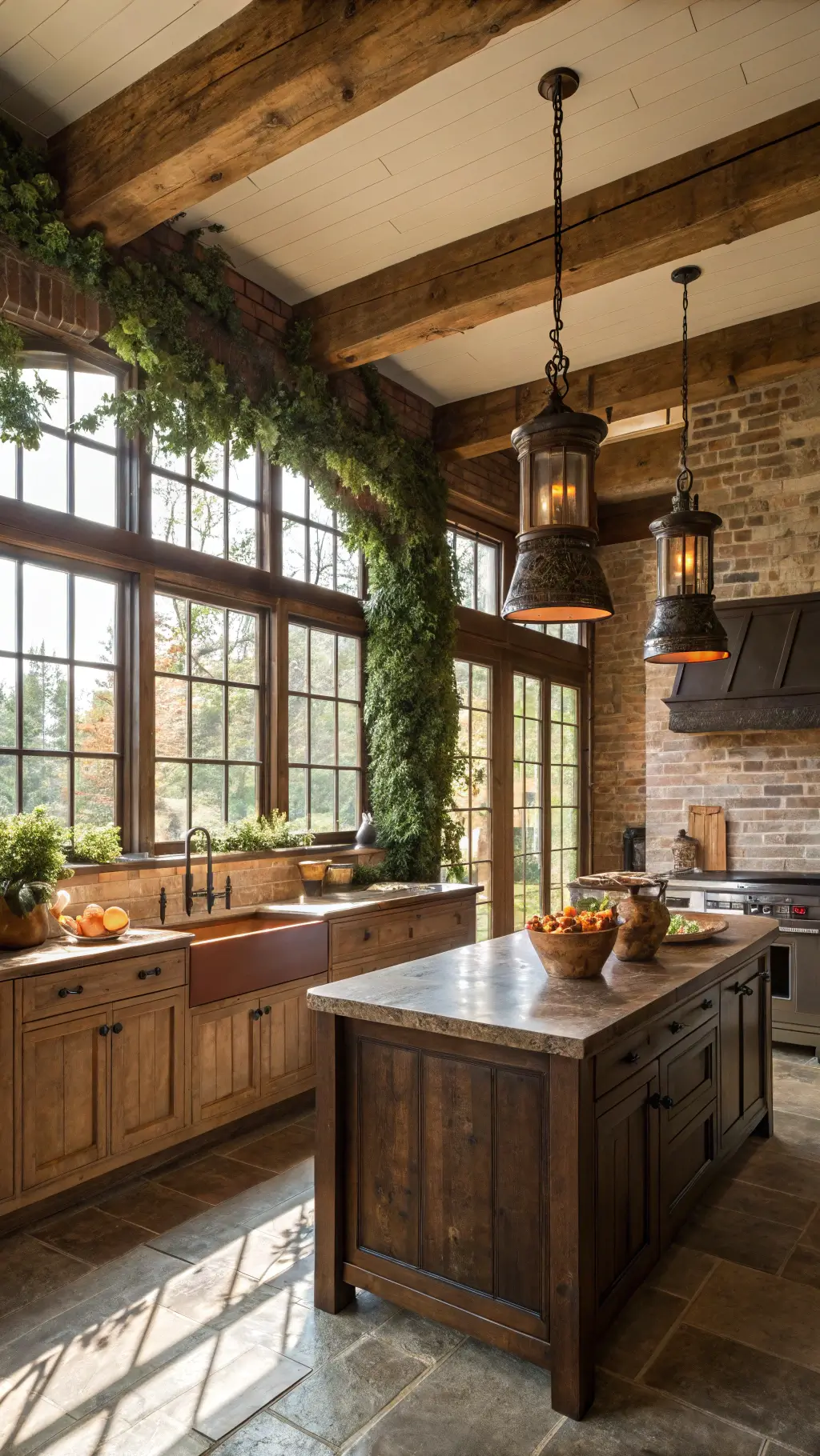 Rustic farmhouse kitchen with deep espresso hickory cabinets, exposed brick, butcher block island, and warm Edison bulb lighting