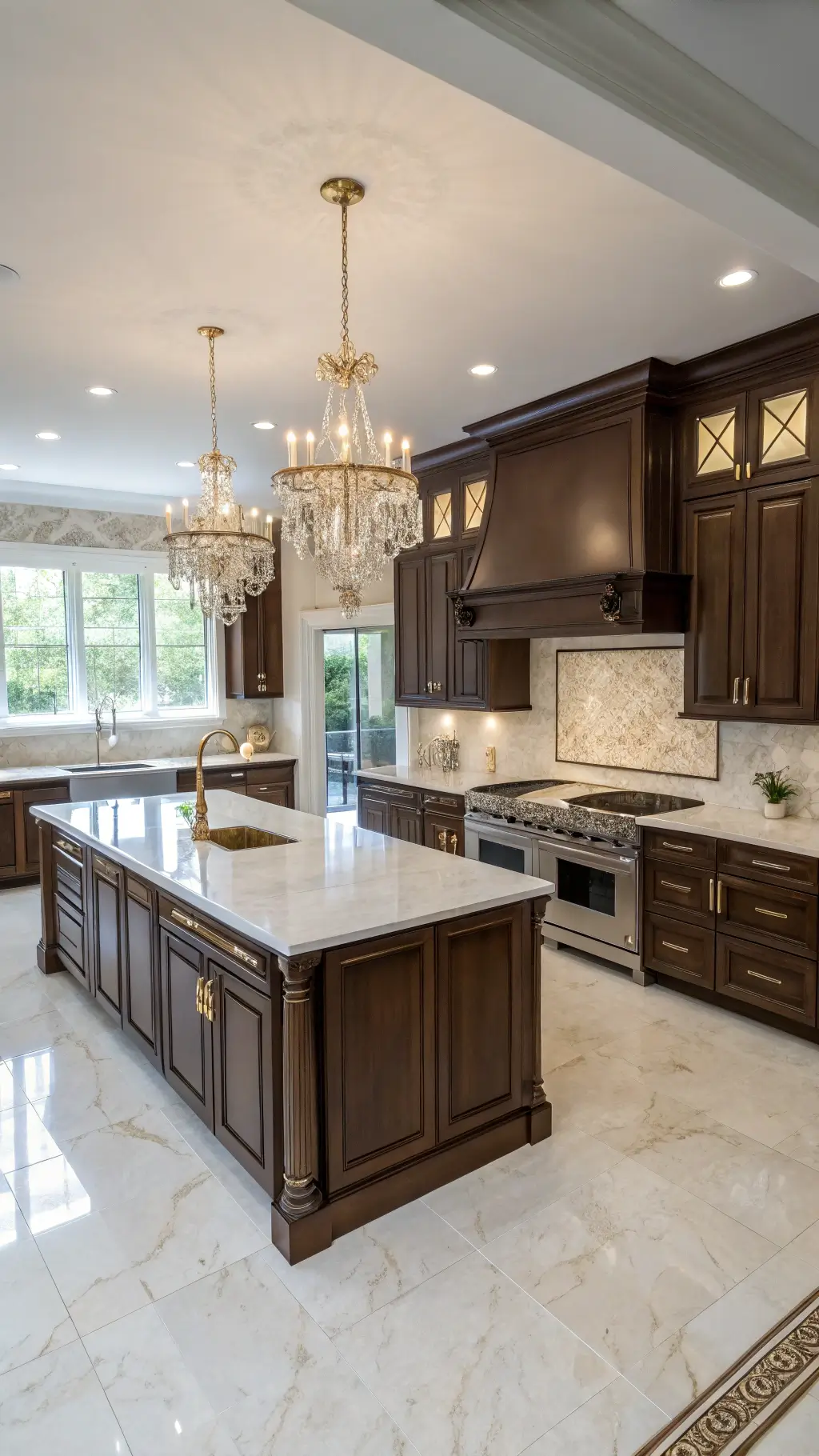 Transitional kitchen with chocolate cherry cabinets, Calacatta marble countertops, brass fixtures, and crystal chandelier