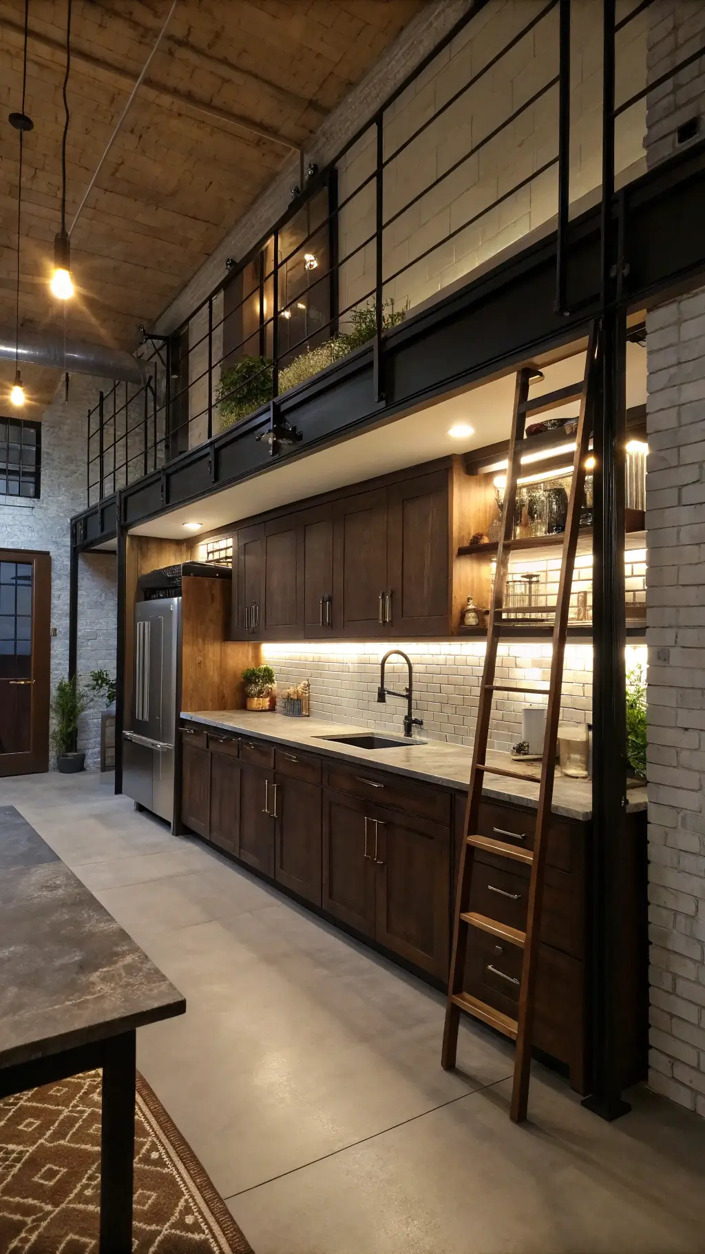 Industrial loft kitchen with dark oak cabinets, black steel frames, metallic backsplash, and concrete countertops