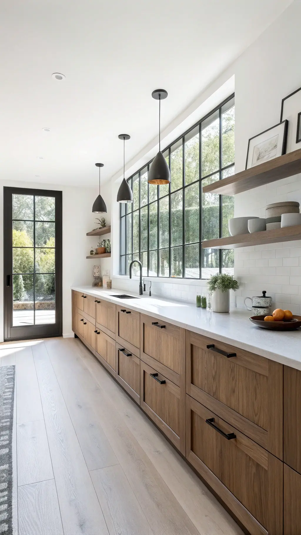 Scandinavian kitchen with smoked oak cabinets, ash flooring, black steel windows, and floating shelves
