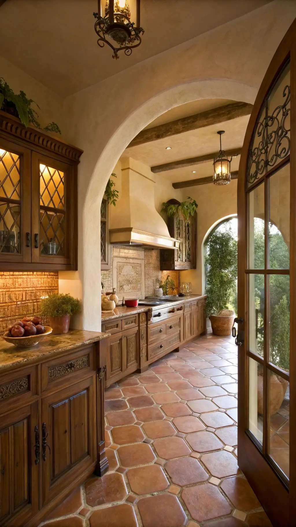 Mediterranean kitchen with carved walnut cabinets, terracotta floors, hand-painted tile backsplash, and copper range hood