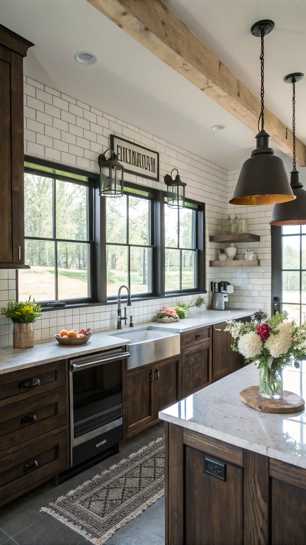 Modern farmhouse kitchen with dark-stained reclaimed barn wood cabinets, quartz counters, subway tile, and industrial lighting