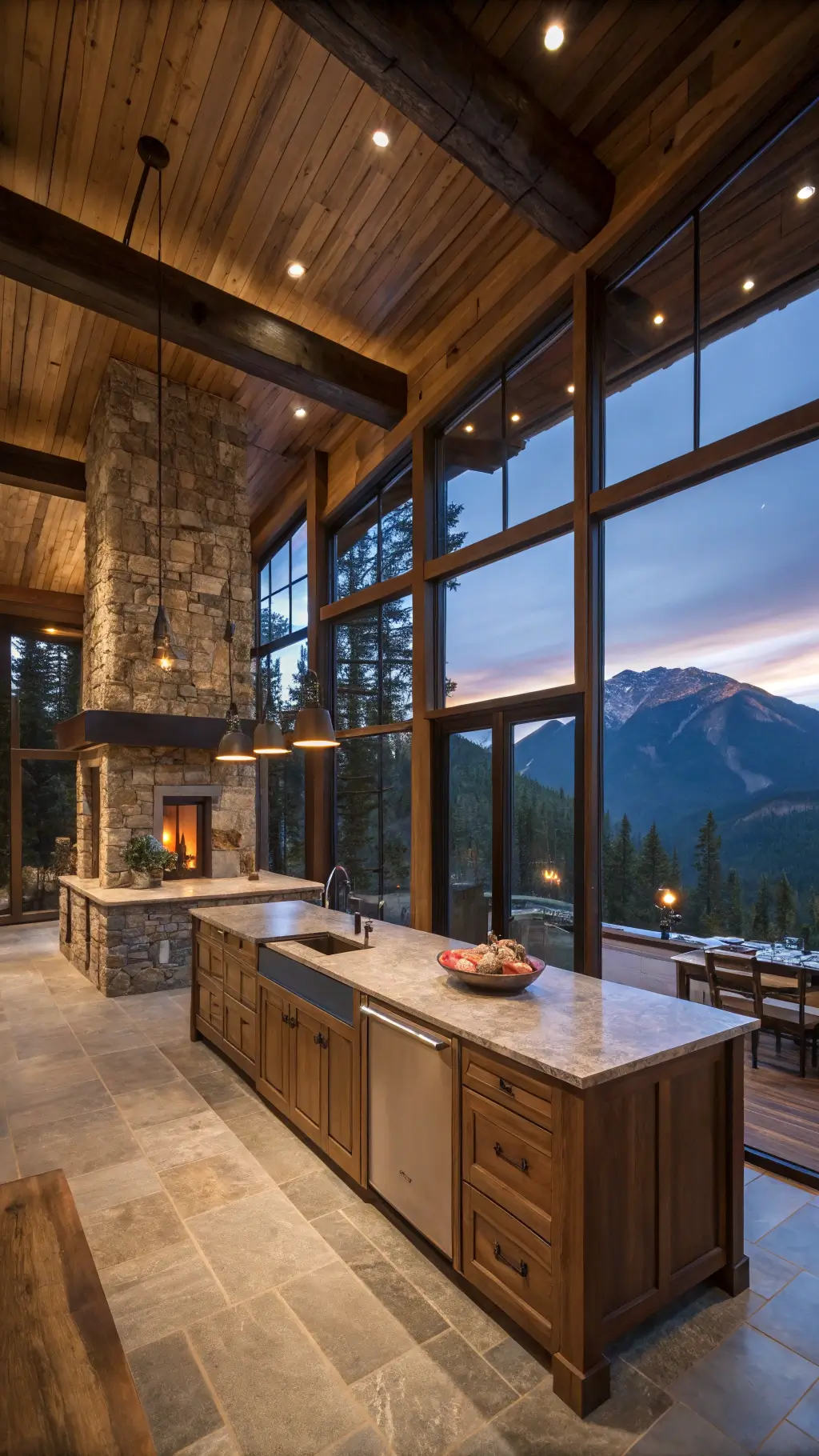 Cozy great room kitchen with reclaimed walnut cabinets at dusk