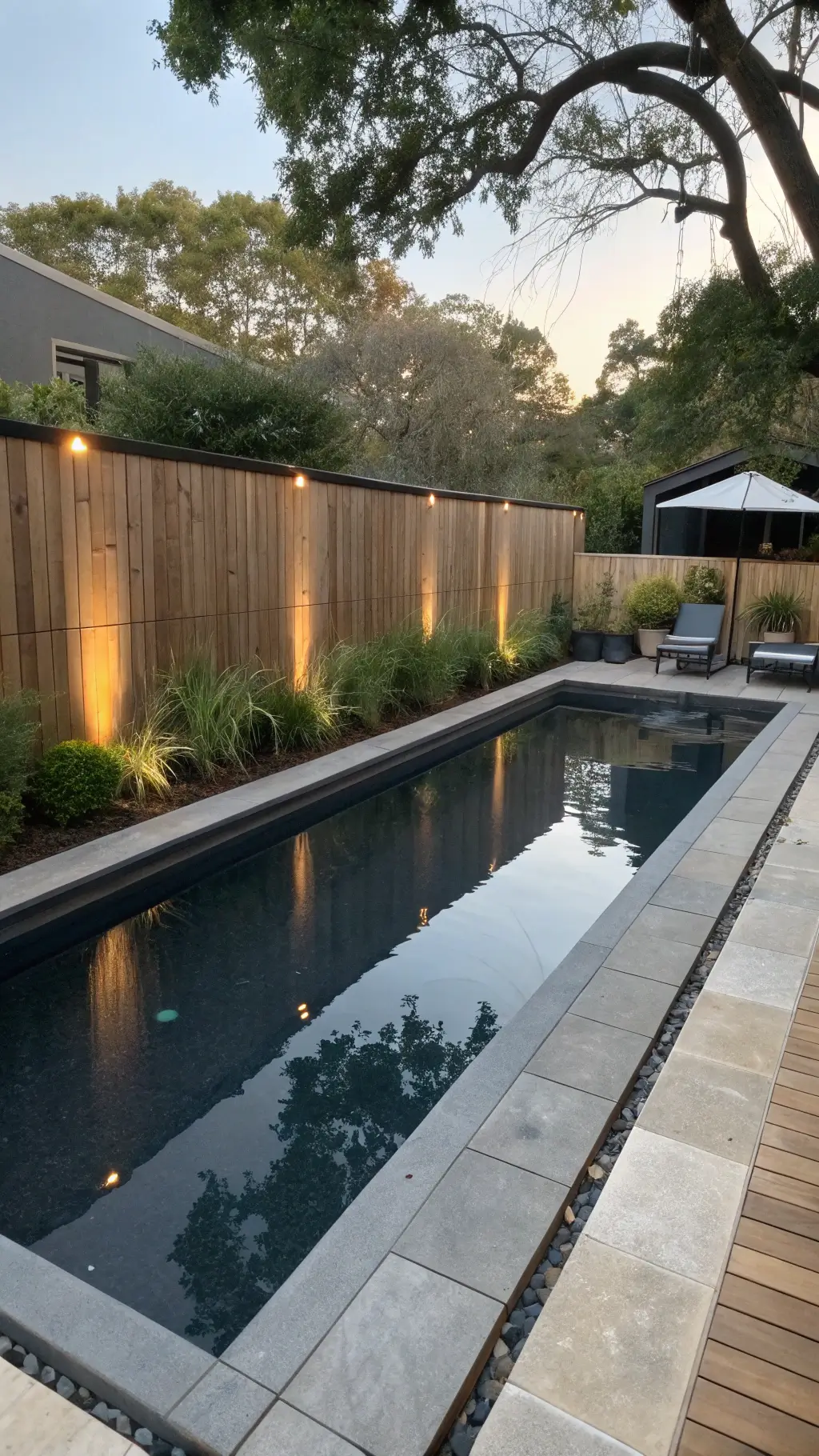 Early morning view of a sleek, narrow lap pool with matte black tiles, slim concrete edging, modern cedar fencing, bamboo planters, and floating ipe wood deck casting dramatic shadows