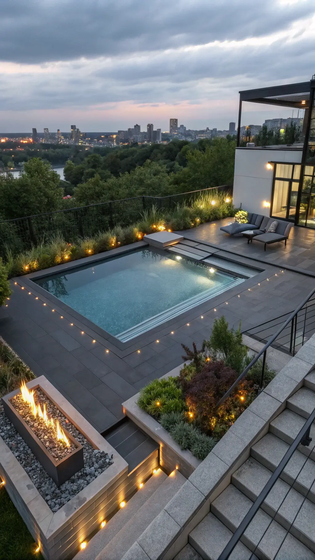 Aerial twilight view of a modern urban pool deck with dark basalt stone, floating concrete steps, firepit, light gray seating, illuminated glass privacy panels, and metal planters with architectural plants