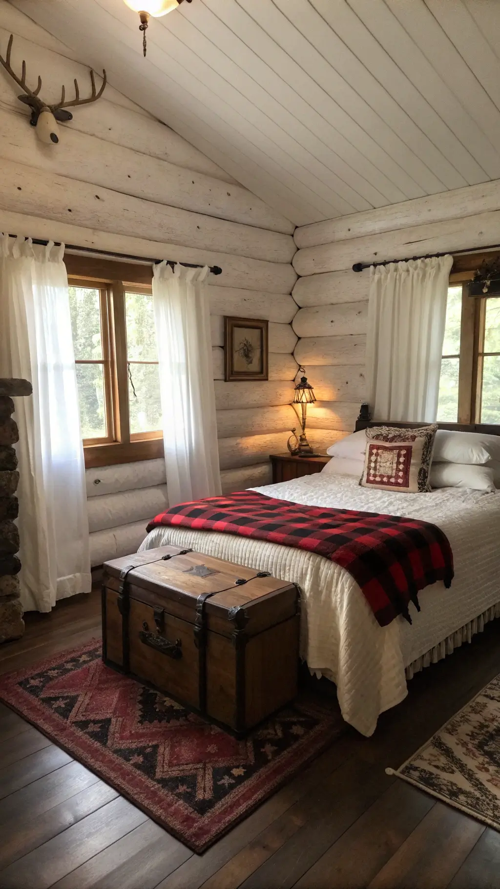 Cozy cabin bedroom with buffalo plaid bedding, sheepskin rugs, and whitewashed log walls