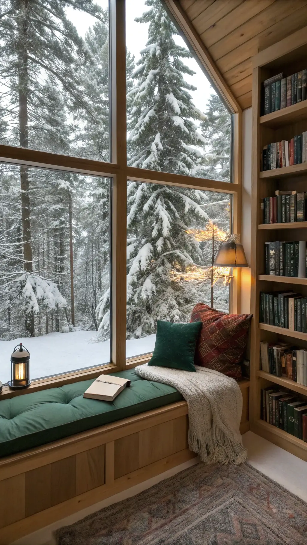 Inviting reading nook with velvet cushions and floor-to-ceiling windows overlooking snowy pines