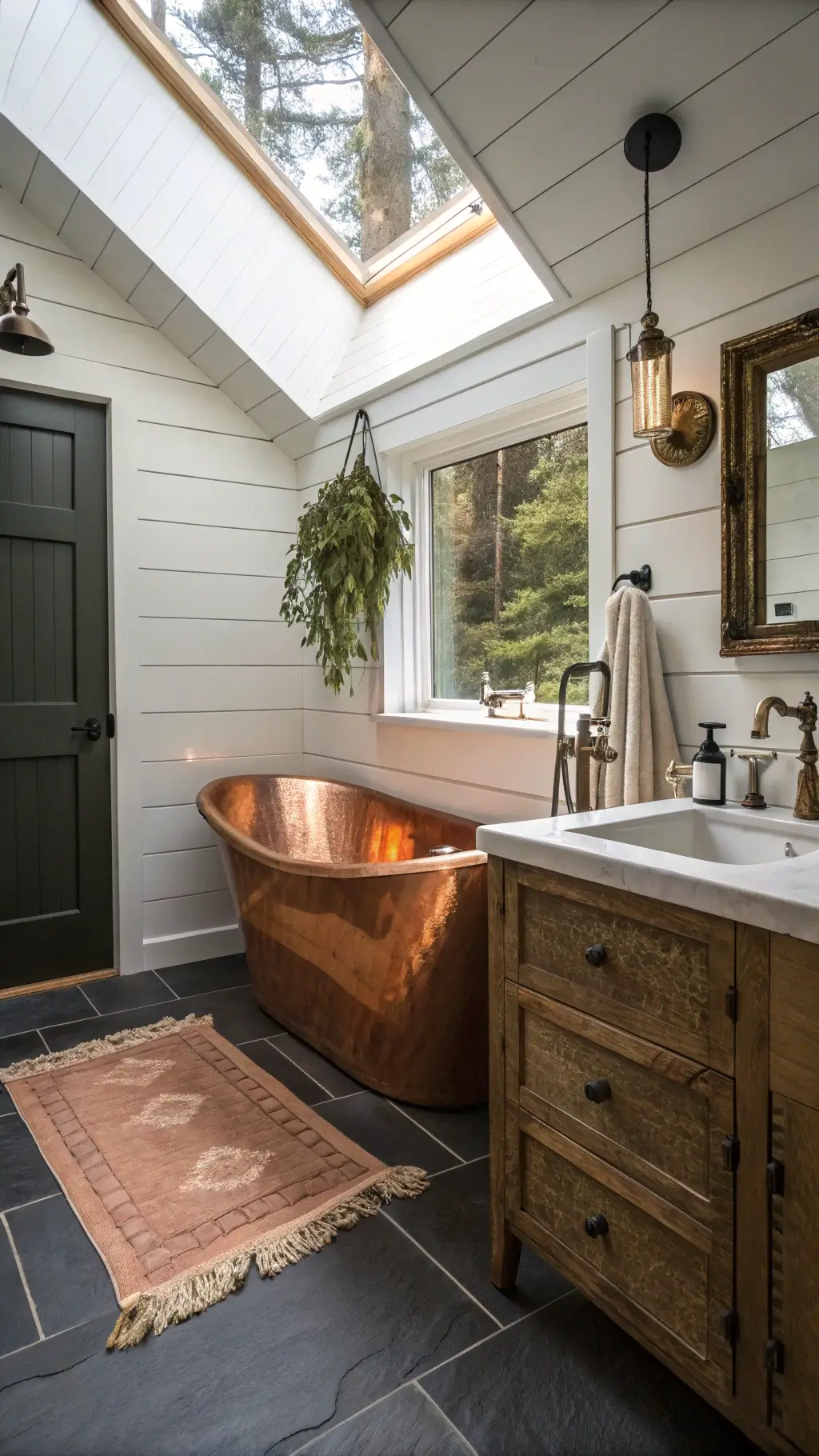 Luxurious cabin bathroom with copper soaking tub and live edge wood vanity