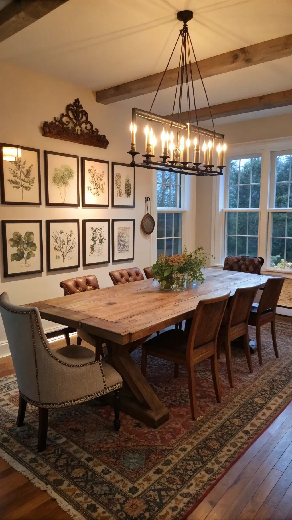 Open dining area with reclaimed trestle table, leather chairs, and vintage botanical prints