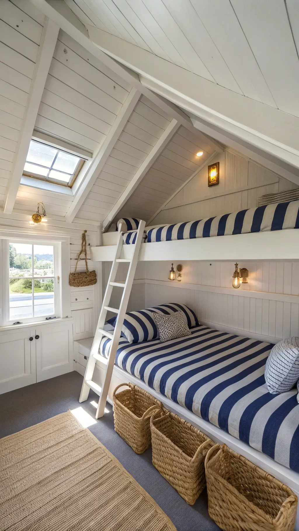 Bright sleeping loft with built-in twin beds, striped bedding, and woven storage baskets