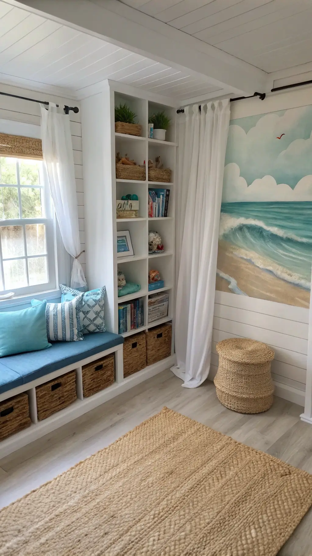 Coastal playroom with wave-themed reading nook, nautical toys, and ocean mural
