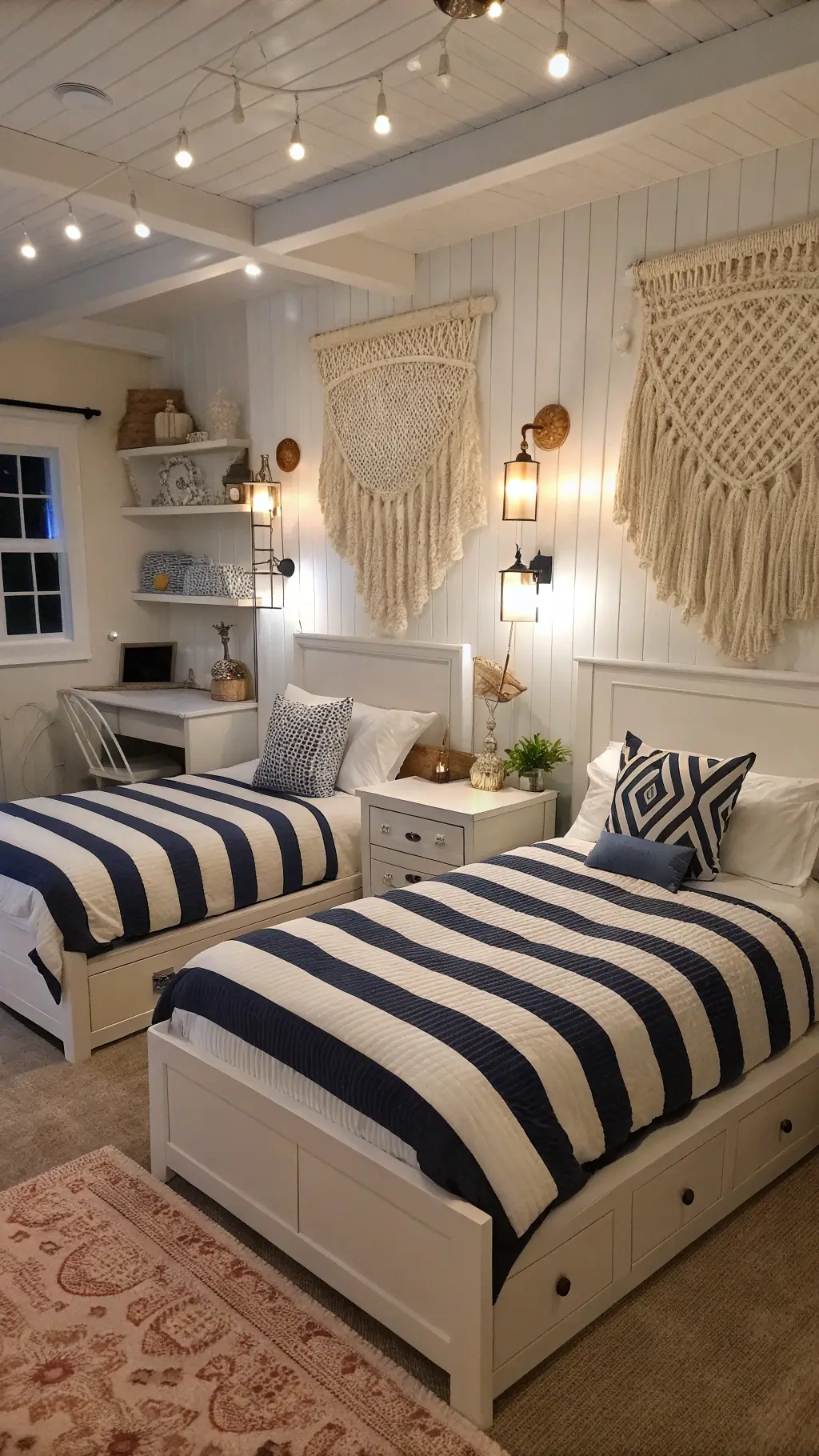 Coastal kids' bedroom with captain's beds and nautical accents
