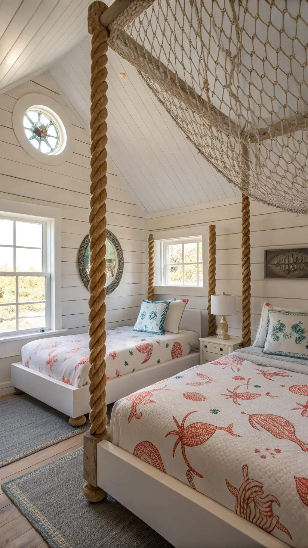 Cozy coastal-themed bedroom with hull-shaped beds and fishing net canopy