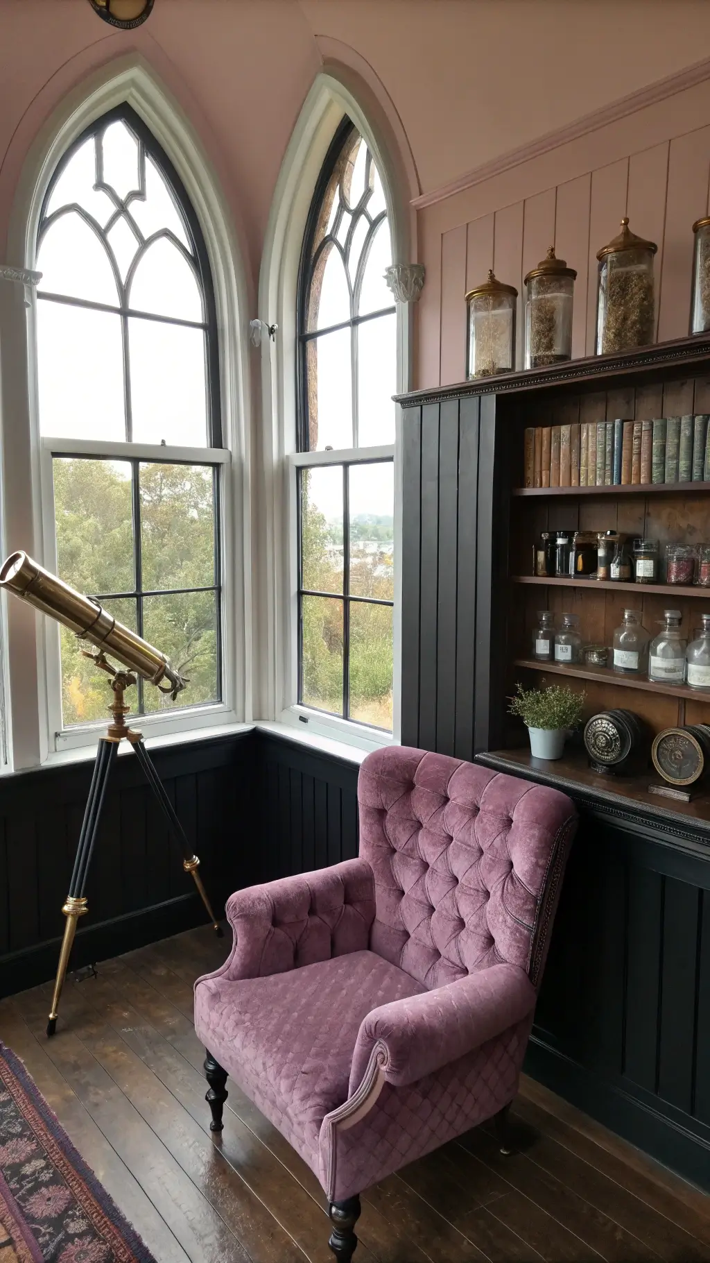 Layered textures in whimsigothic living room