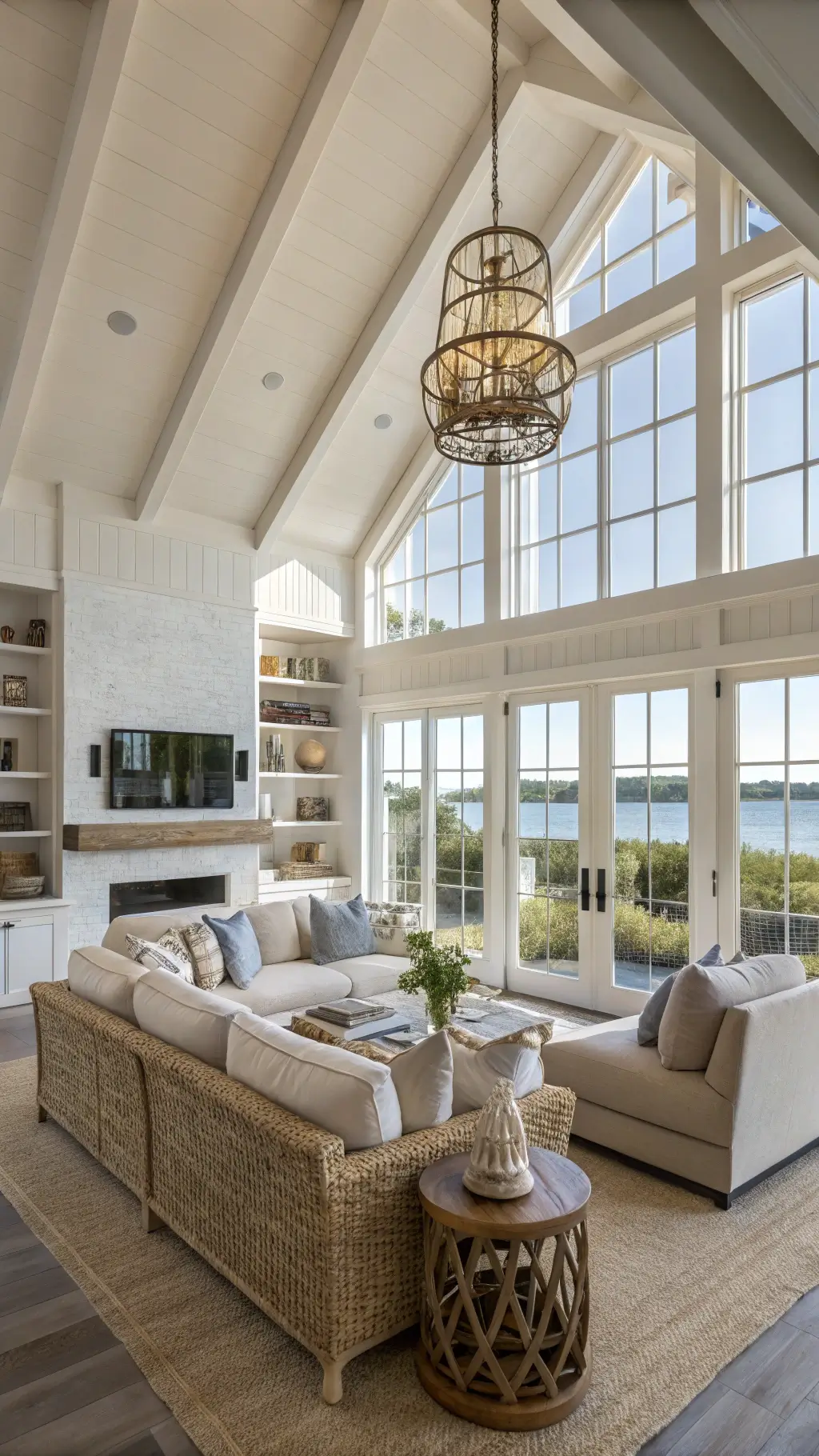 Coastal-modern living room with vintage rattan and natural fibers