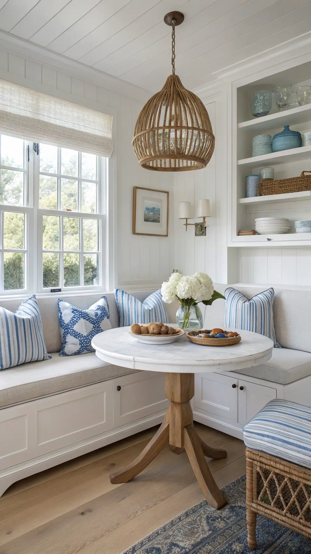 Coastal kitchen banquette with blue and white striped rattan pendant