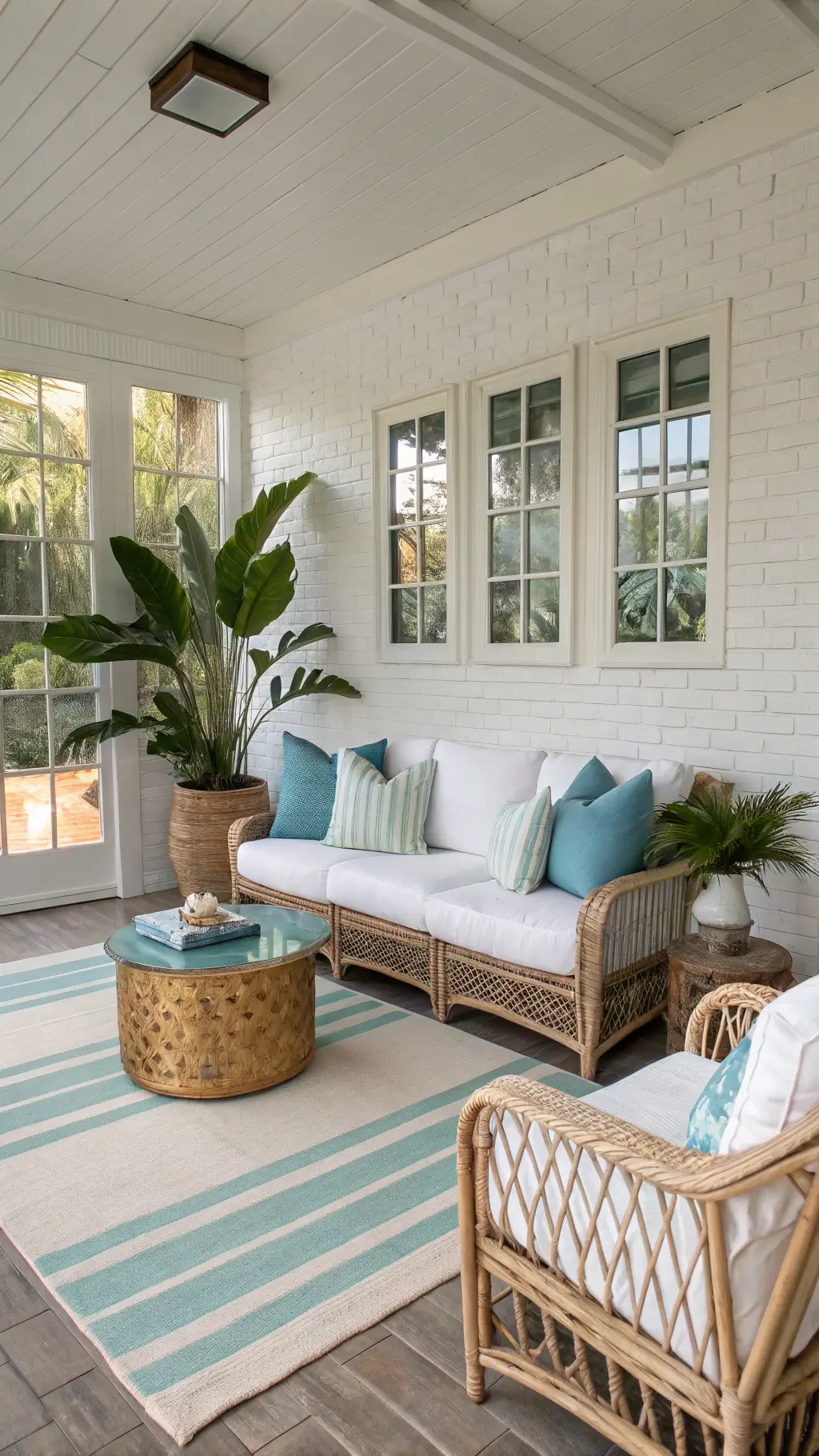 Bright coastal sunroom with rattan and brass accents