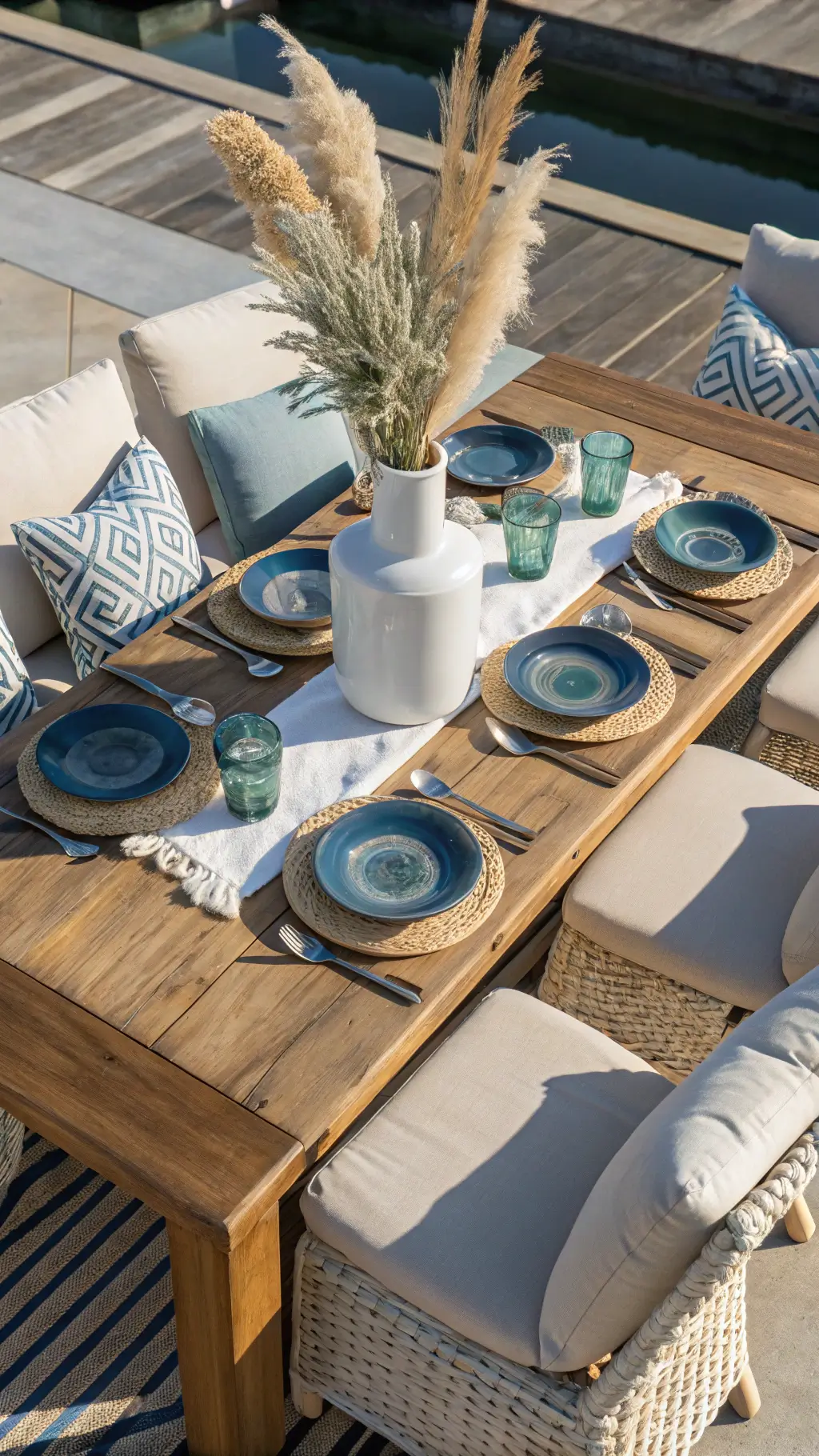 Coastal dining setup with reclaimed teak and blue pottery