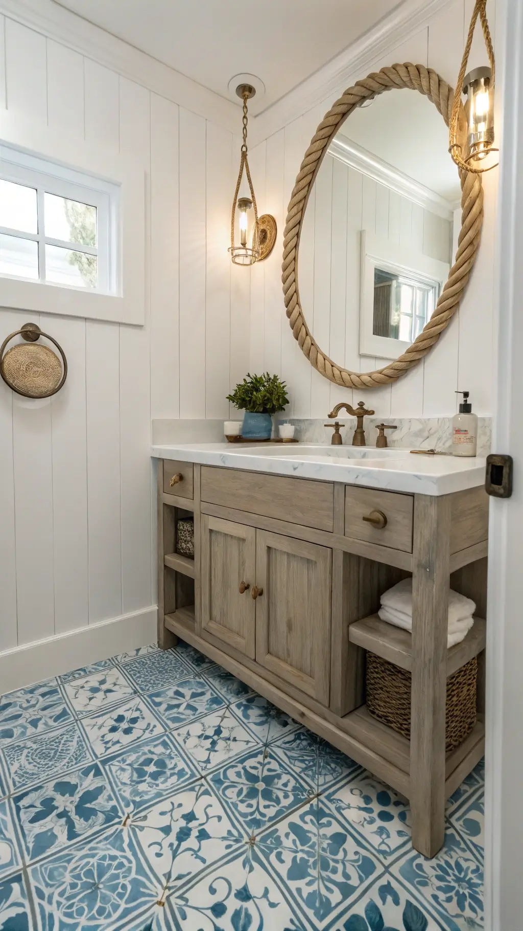Blue and white coastal powder room with oak and marble accents