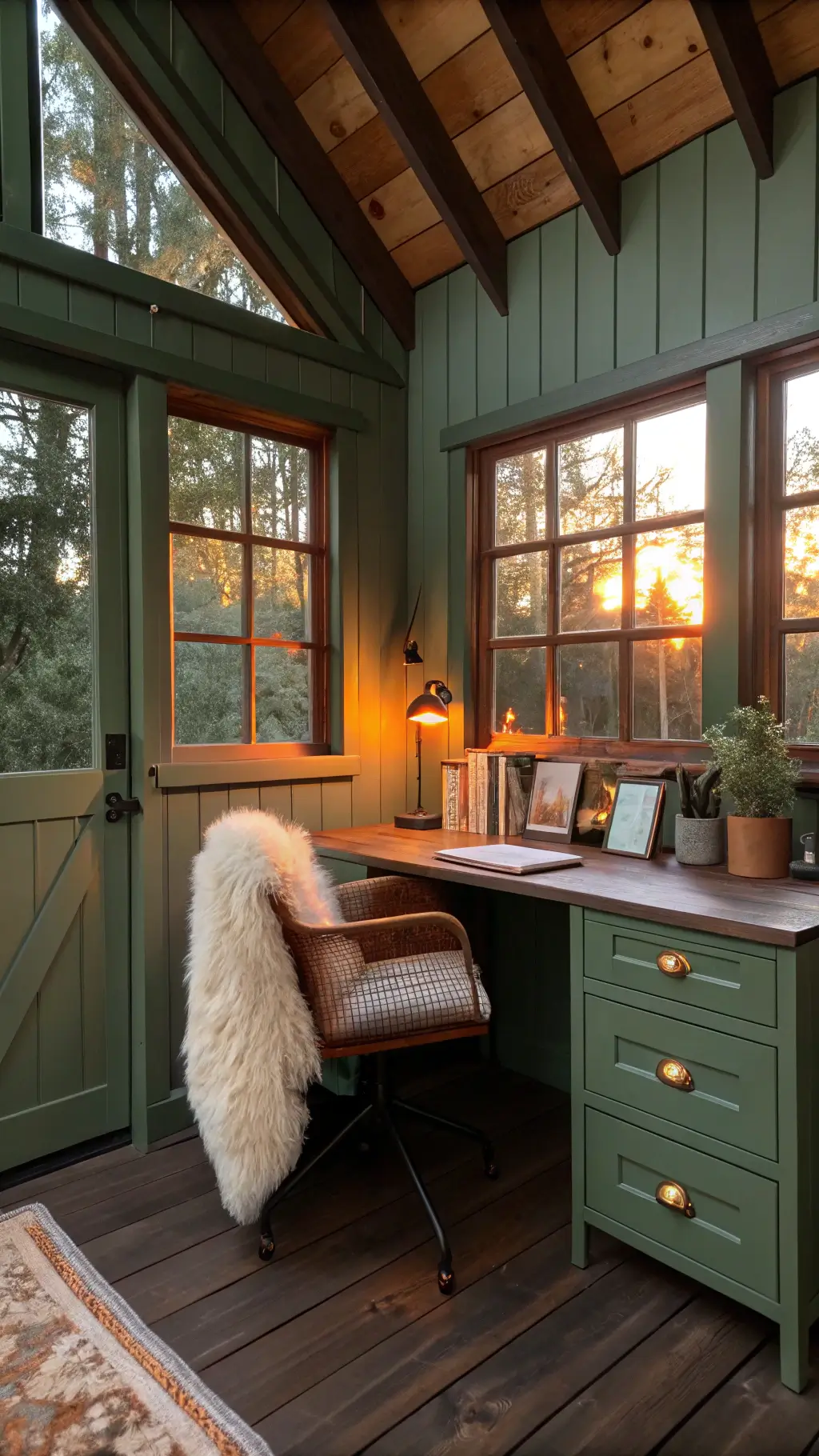 Sunset view of a 6'x8' writer's cabin with cathedral windows, sage green walls, dark walnut desk, brass accents, sheepskin chair, copper mesh organizers, and fiddle leaf fig plant.