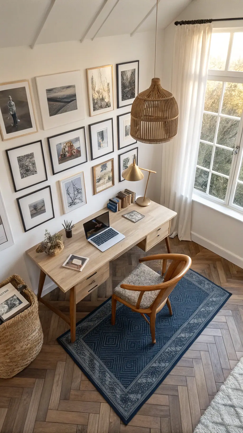 Aerial view of sunlit cabin workspace with herringbone hardwood floors, central oak desk with brass inlays, gallery wall of black and white nature photos in maple frames, indigo woven rug, rattan pendant lamp, and leather sling chair.