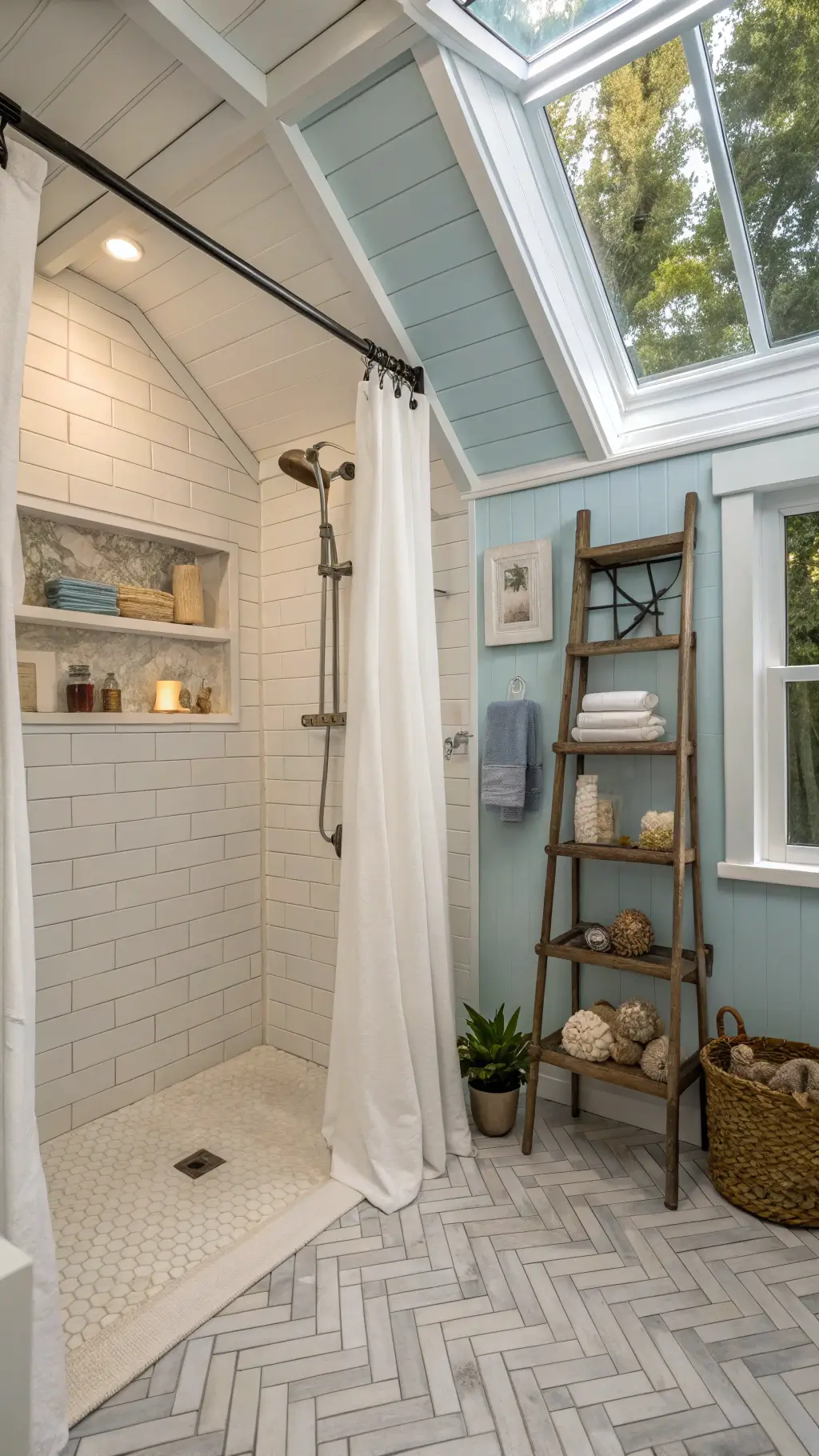 Coastal Kitchen Shower with Sea Glass Blue Accent Wall and Teak Shelves