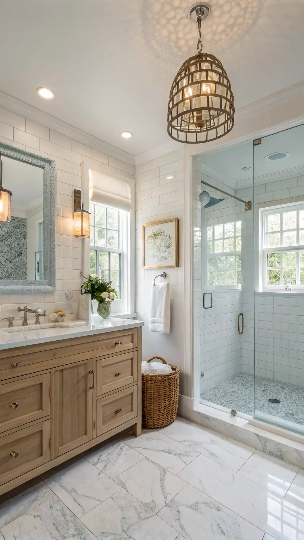 Luxurious Kitchen Shower with Carrara Marble and Glass Enclosure
