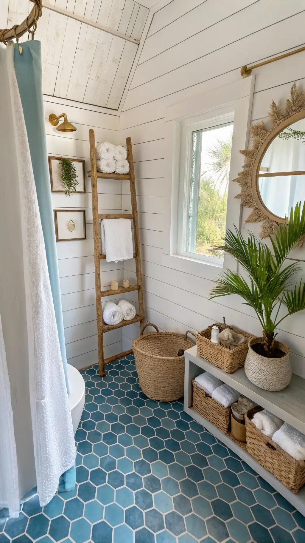 Compact Coastal Shower with Blue Hexagonal Tiles and Bamboo Shelf