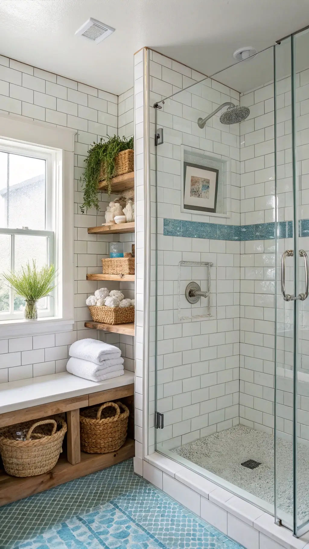 Bright Coastal Shower with White Subway Tiles and Blue Glass Accents