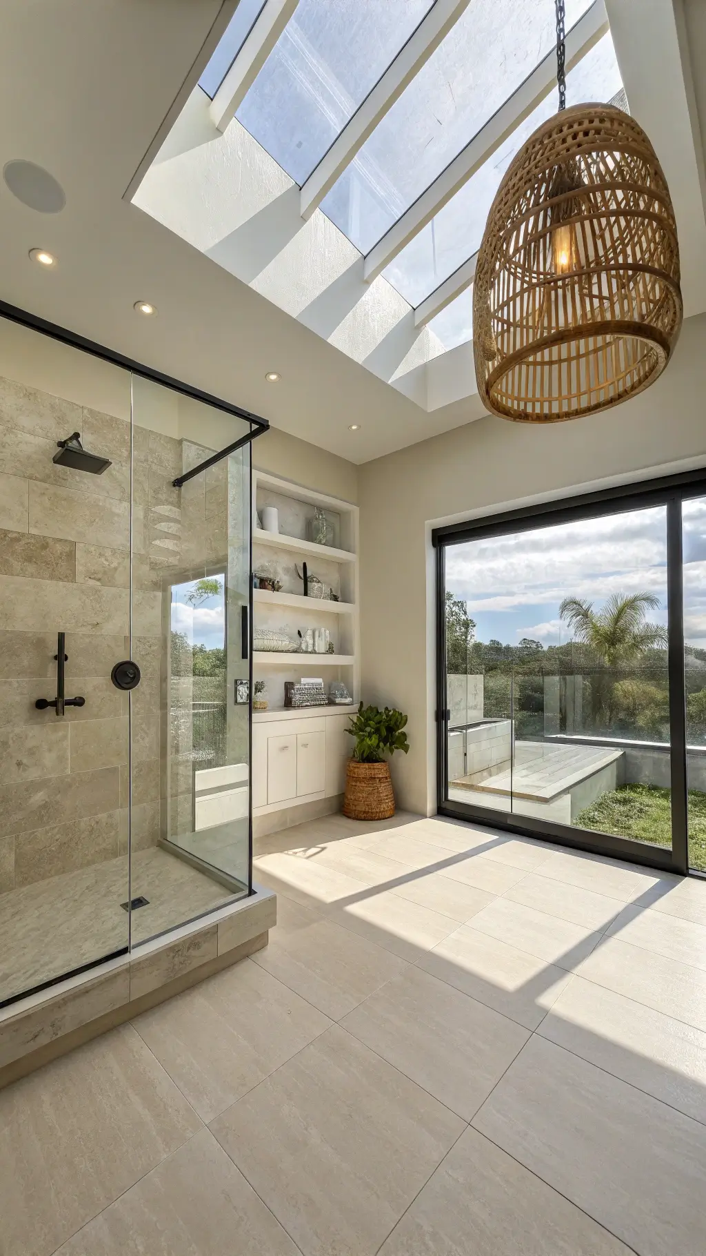 Modern Kitchen Shower with Sandy Beige Tiles and Floating Oak Shelves