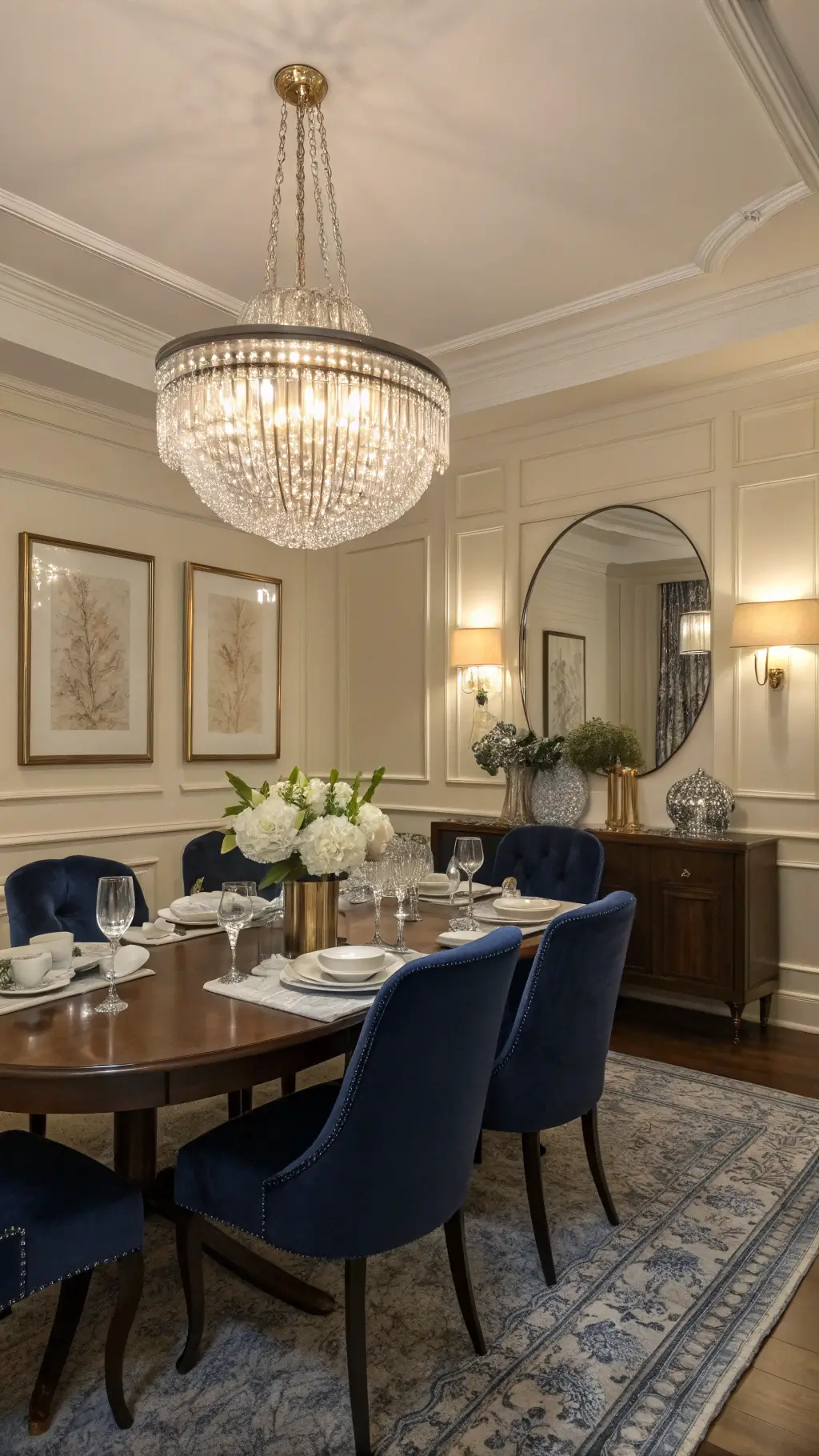 Sophisticated dining room with warm lighting and elegant decor