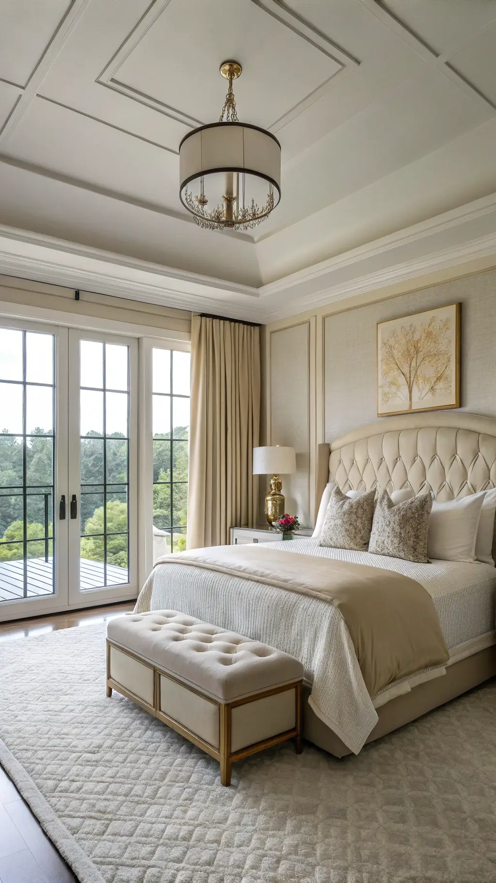 Luxurious bedroom with neutral tones and brass accents