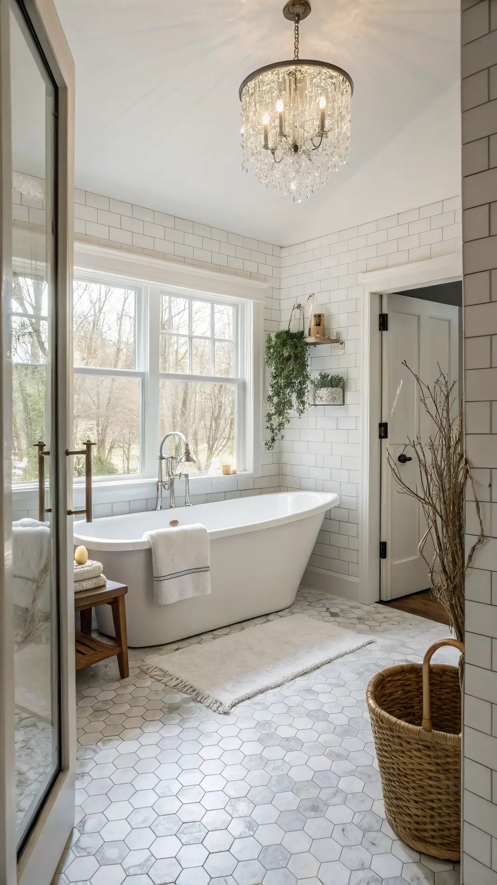 Spacious bathroom with freestanding tub and marble flooring