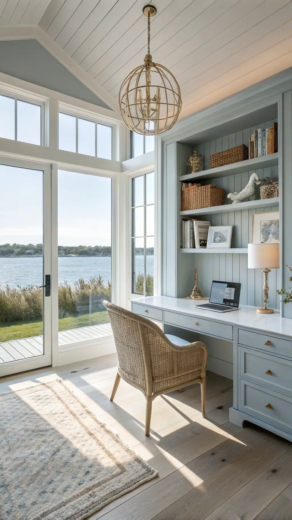 Airy Coastal Home Office with Natural Light and Ocean Tones