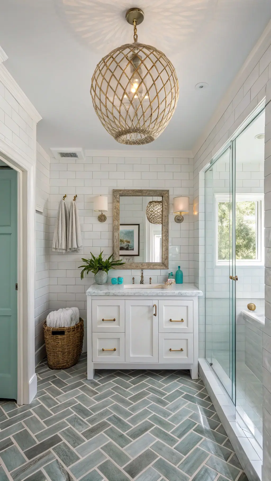 Luxurious Coastal Bathroom with Aqua Accents and Bamboo Tile