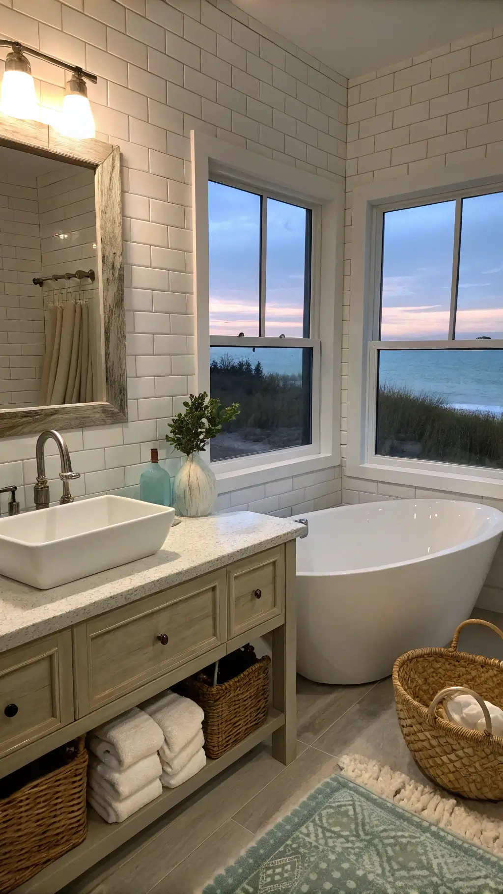 Coastal bathroom with driftwood vanity and seagrass basket