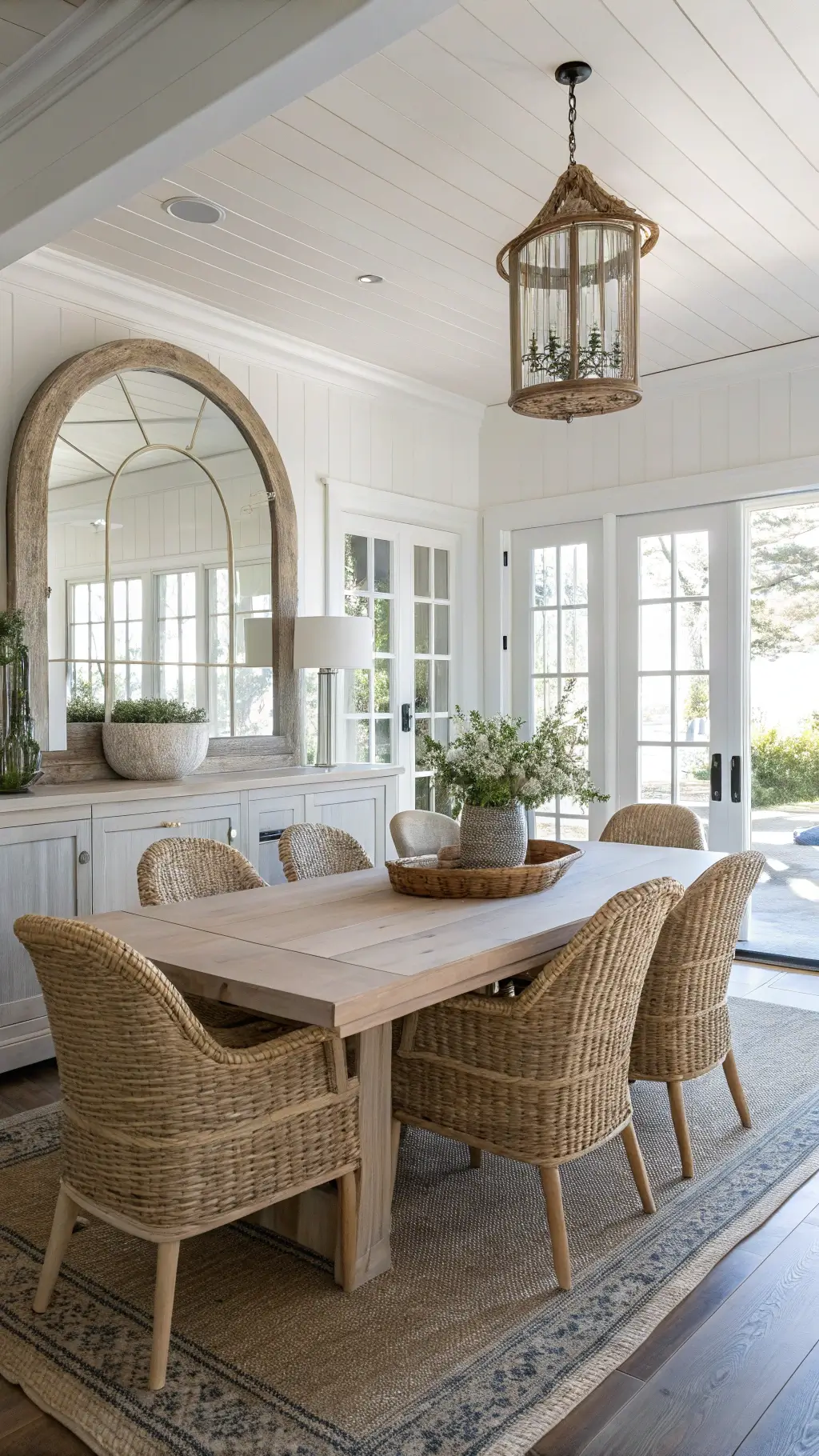 Bright coastal dining room with bleached oak table and seagrass chairs