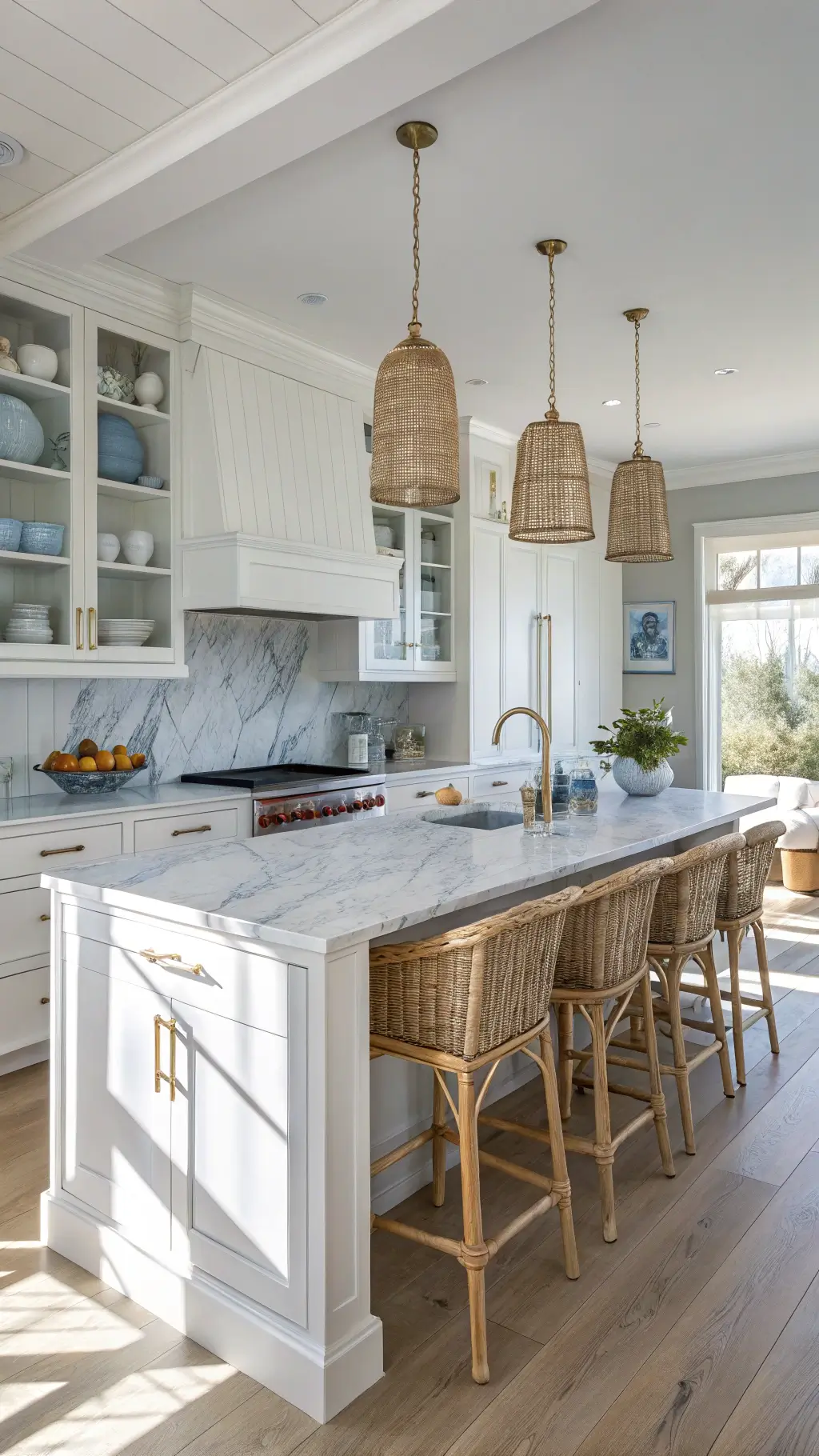Coastal kitchen with white shaker cabinets and rattan barstools