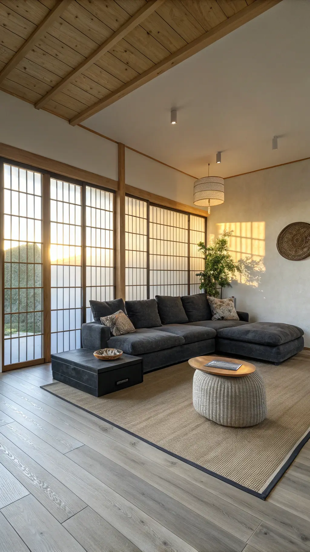 Meditation room with white walls, oak flooring, and gray leather sofa bathed in golden light filtered by sliding shoji screens