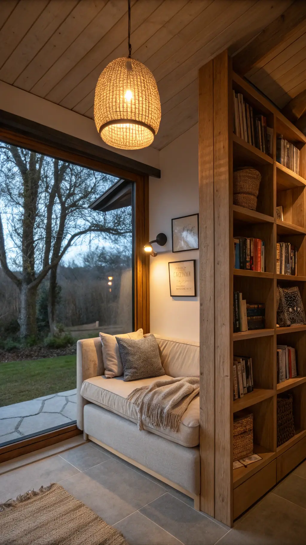 Cozy reading nook with Japandi loveseat, built-in oak shelving, ceramic pendant lamp, and raw silk cushions during blue hour