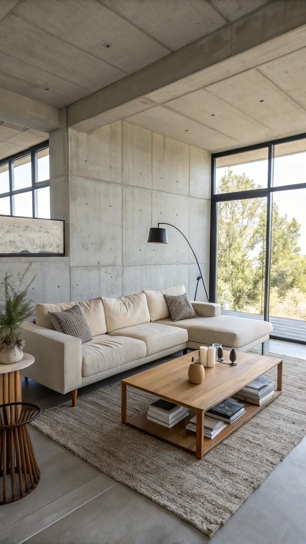 Open-concept living room with natural light, featuring Japandi sofa against concrete wall, blonde wood coffee table, minimal black metal floor lamp, and Scandinavian wool rug in pale gray