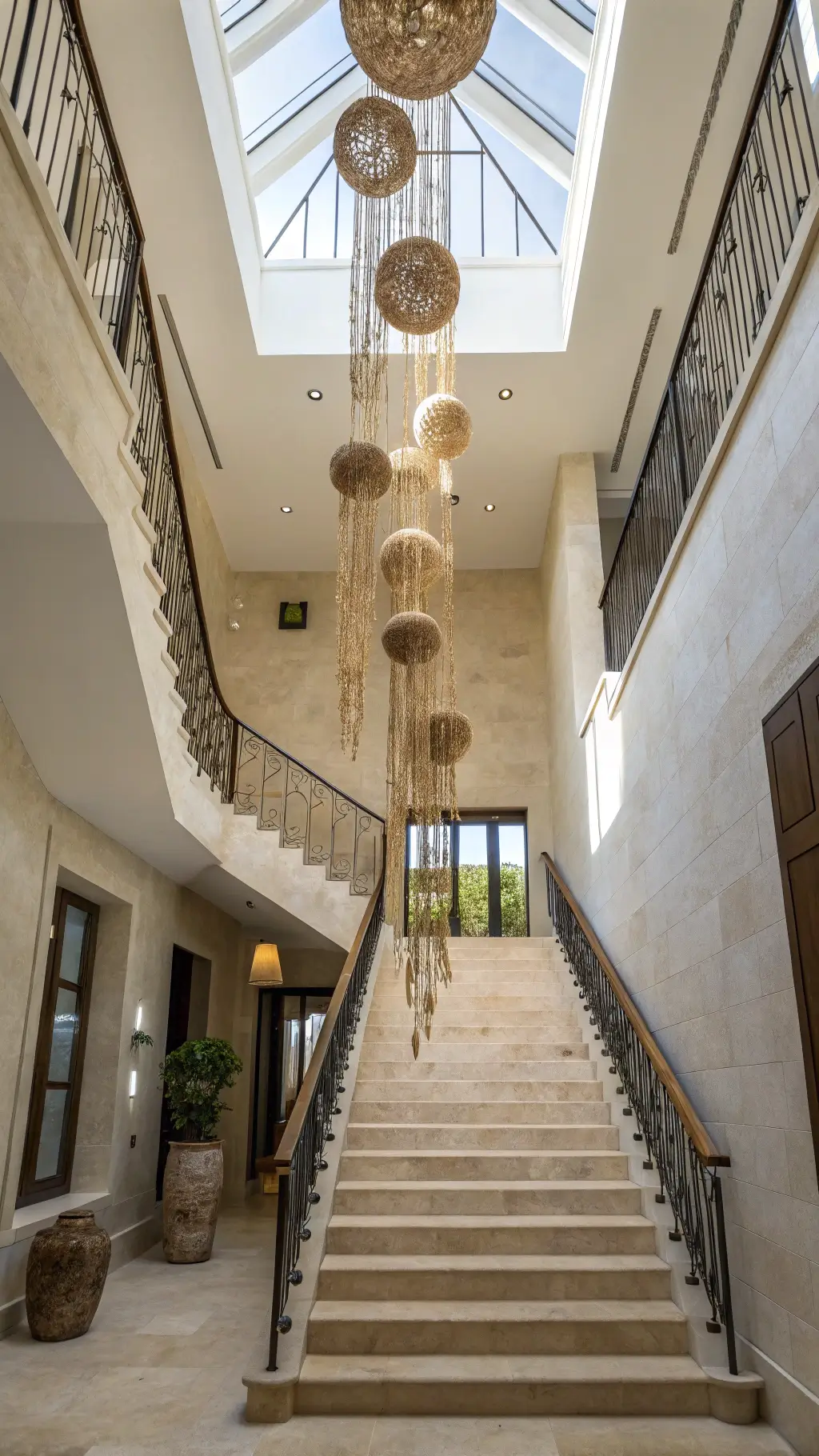 Elegant foyer with cascading Wabi Sabi pendant light, natural stone flooring, and textured walls