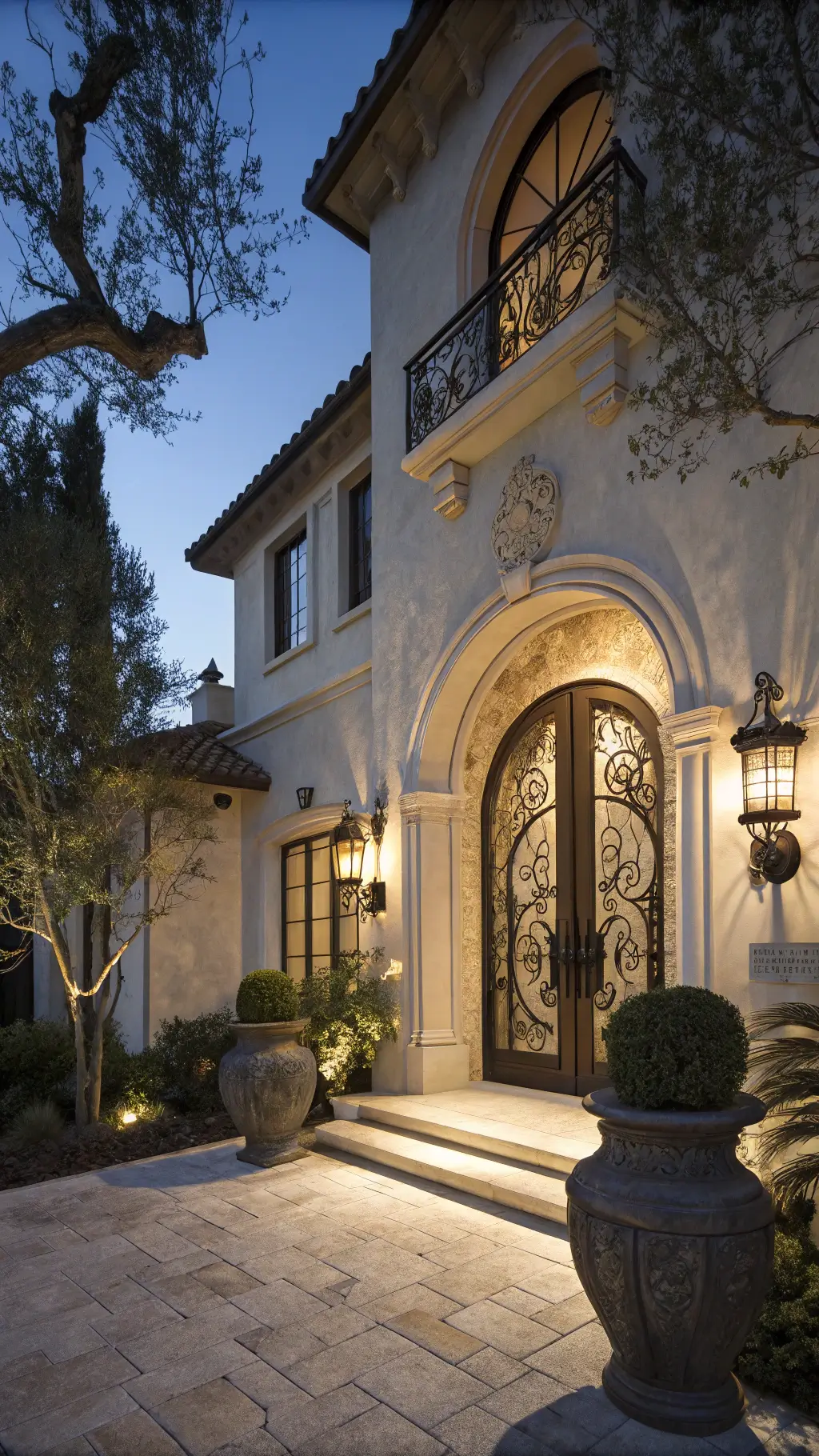 Mediterranean villa entrance at twilight with wrought iron door, cream stucco walls, uplighting, olive urns, preserved oak branches, artichokes, and bronze chrysanthemums
