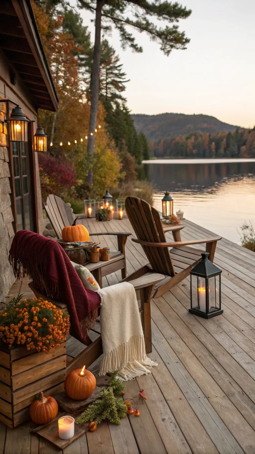 Rustic lake house deck with vintage crates of heirloom squash, wool blankets on Adirondack chairs, and copper lanterns during golden hour