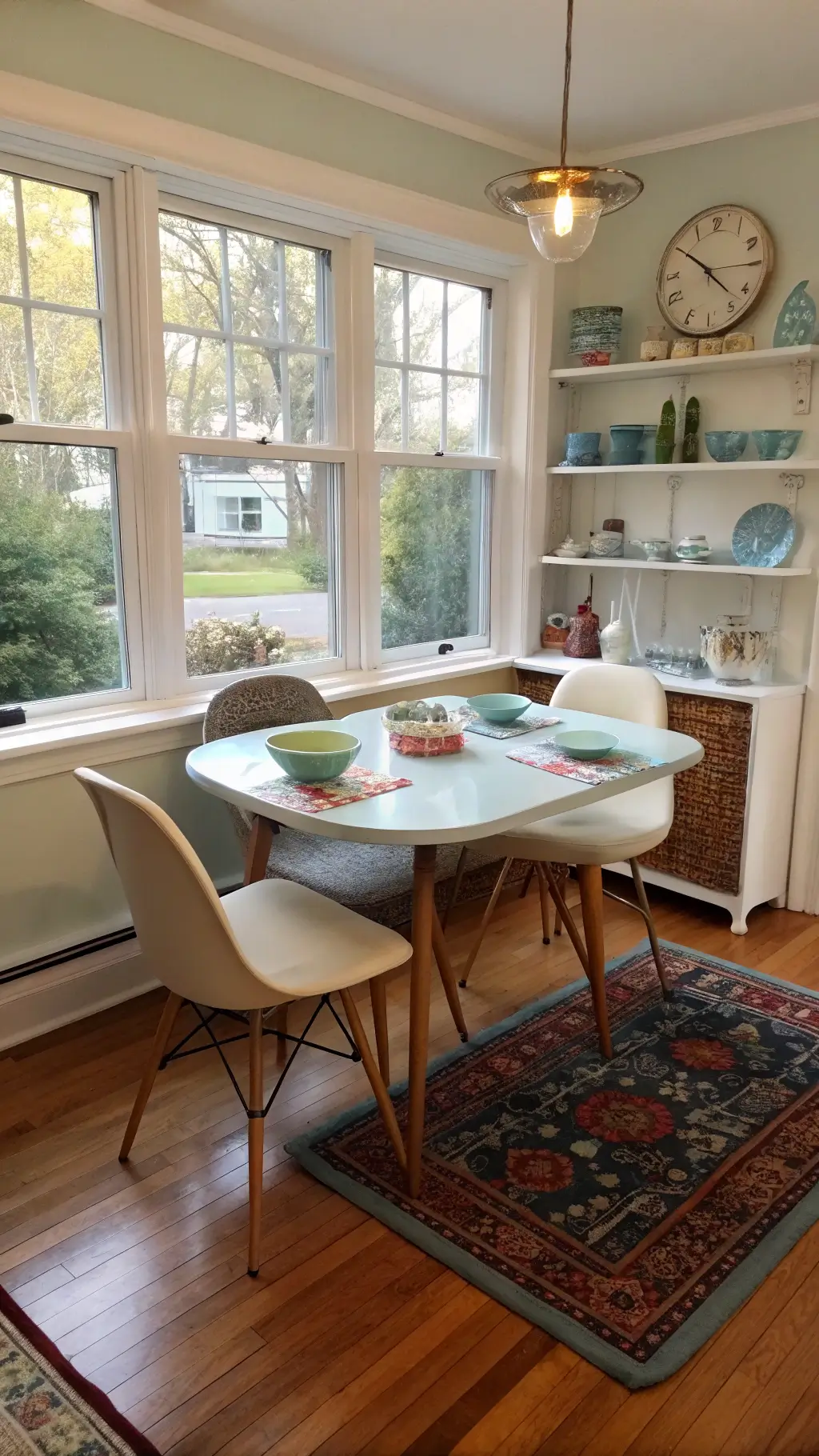 Sunlit breakfast nook with pastel blue Formica table, mid-century vintage Pyrex bowls, and walnut atomic starburst clock