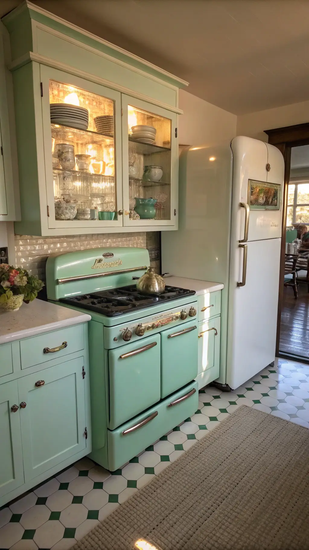 Vintage galley kitchen with mint green 1950s Chambers range, white oak cabinets, checkerboard floor, and retro refrigerator