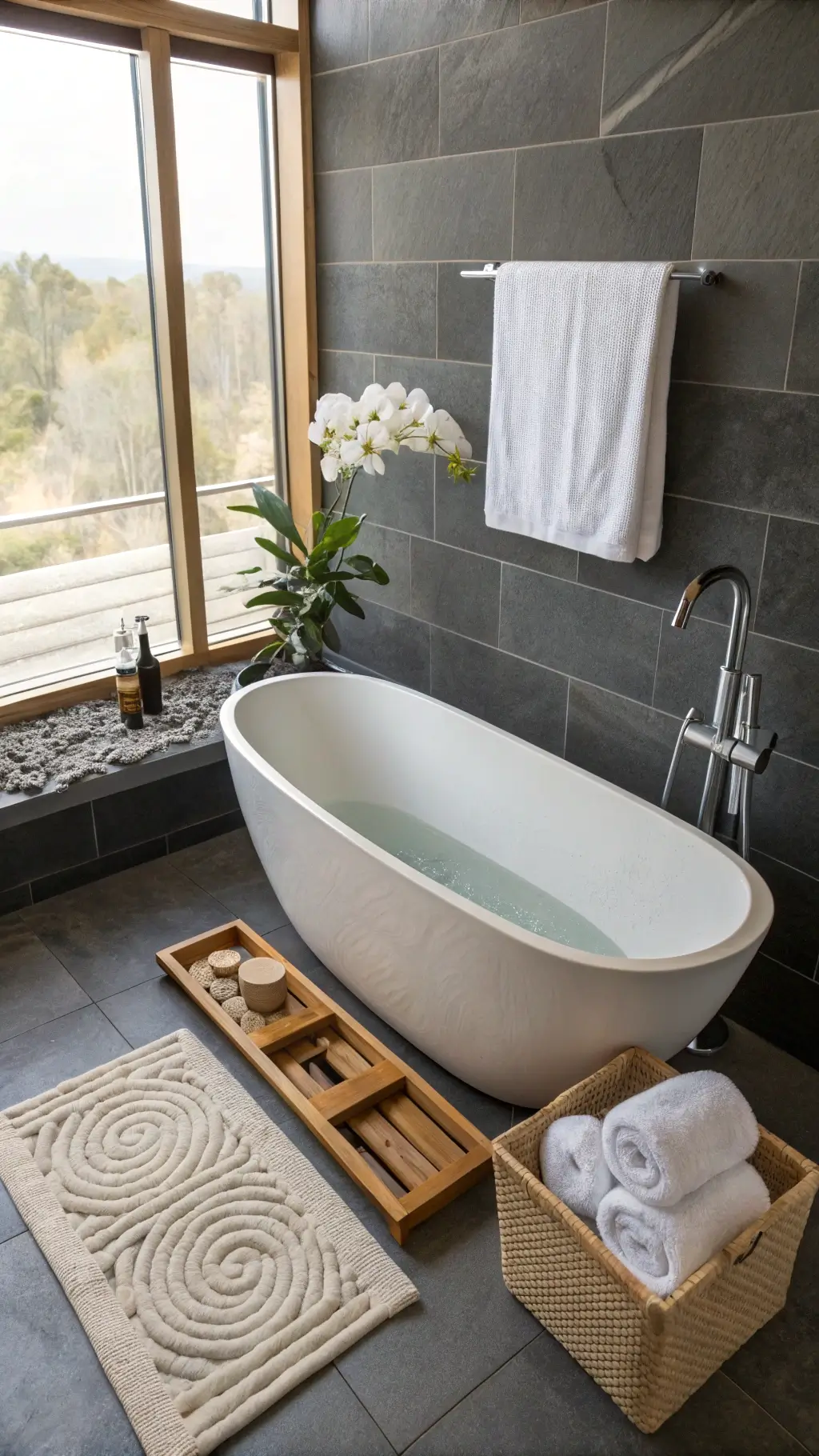 Modern minimalist bathroom with stone bathtub, slate tile wall, teak bath caddy, white orchid, handmade soap, pebble mat, and linen towels in bamboo basket